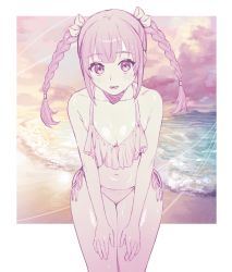 Rule 34 | 1girl, armpit crease, assault lily, bare arms, bare shoulders, beach, bikini, blush, border, braid, breasts, cleavage, cloud, collarbone, commentary, cowboy shot, evening, hair ribbon, halterneck, hands on own thighs, highres, kishimoto lucia raimu, leaning forward, long hair, looking at viewer, lower teeth only, navel, ocean, outside border, parted lips, partially colored, ribbon, side-tie bikini bottom, small breasts, solo, standing, stomach, swimsuit, teeth, tori udon, twin braids, twintails, white border