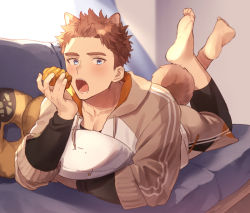 Rule 34 | 1boy, animal ears, black leggings, blue eyes, blush, borrowed character, brown jacket, couch, dog boy, dog ears, dog tail, eating, feet, full body, higashigunkan, jacket, leggings, light brown hair, looking at viewer, lying, male focus, on couch, on stomach, open mouth, original, pectoral cleavage, pectorals, short hair, sideburns, solo, tail, toned, toned male
