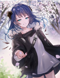 Rule 34 | 1girl, aqua eyes, arknights, black jacket, black shorts, blue hair, blue nails, breasts, cherry blossoms, commentary, cowboy shot, demon horns, detached wings, dutch angle, fur-trimmed jacket, fur trim, grin, haku wi, halo, highres, horns, jacket, long hair, looking at viewer, mostima (arknights), nail polish, open clothes, open jacket, outstretched hand, petals, reaching, reaching towards viewer, shirt, short shorts, shorts, small breasts, smile, solo, strap, tree, white shirt, wings