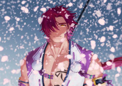 Rule 34 | 1boy, bara, closed mouth, commentary request, japanese clothes, long hair, long sideburns, male focus, pectoral cleavage, pectorals, ponytail, red hair, sideburns, smile, solo, tonbokiri, tonbokiri (touken ranbu), touken ranbu, weapon, yellow eyes, yuzuki (hmr813k)