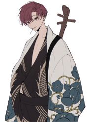 Rule 34 | earrings, fate/grand order, fate (series), highres, japanese clothes, jewelry, kimono, male focus, parted bangs, red eyes, red hair, simple background, smile, solo, solo focus, takasugi shinsaku (fate), takasugi shinsaku (first ascension) (fate), type-moon, white background, yui (linaw-key08)