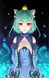 Rule 34 | 1girl, :d, ahoge, animal, animal ear fluff, animal ears, bad id, bad pixiv id, bare shoulders, bird, blue dress, blue sleeves, bug, butterfly, cat ears, chick, commentary request, detached sleeves, dress, earrings, flipper, green hair, green nails, hands up, highres, hololive, insect, interlocked fingers, jewelry, juliet sleeves, long sleeves, looking at viewer, nail polish, open mouth, own hands together, puffy sleeves, red eyes, skull, skull earrings, sleeveless, sleeveless dress, smile, solo, uruha rushia, uruha rushia (1st costume), virtual youtuber, wide sleeves
