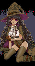 Rule 34 | 1girl, arm support, black hair, boots, breasts, brown gloves, cape, center frills, corset, curly hair, dark-skinned female, dark skin, frills, gloves, hat, hat belt, high heel boots, high heels, highres, holding, holding cape, holding clothes, kneeling, lace trim, long hair, looking at viewer, massuru, medium breasts, neck ribbon, night, original, outline, parted lips, purple eyes, ribbon, solo, thighhighs, witch, witch hat