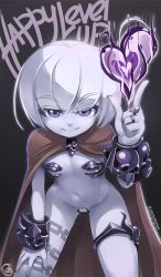 Rule 34 | &gt;:), blue eyes, bracelet, c-string, cape, eyebrows, fire, flat chest, hand on own knee, happy birthday, heart, index finger raised, jewelry, krokobyaka, leaning forward, looking at viewer, maebari, magic, navel, original, pale skin, purple fire, ring, short hair, signature, skull, smile, solo, strapless bottom, v-shaped eyebrows, watermark, web address, white hair