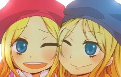 Rule 34 | 2girls, beret, blonde hair, blue eyes, child, closed mouth, commentary request, fremea seivelun, frenda seivelun, grey headwear, hat, i.u.y, light blush, long hair, multiple girls, one eye closed, open mouth, portrait, red headwear, siblings, sisters, smile, teeth, toaru majutsu no index, toaru majutsu no index: new testament, upper teeth only