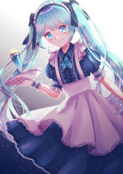 Rule 34 | 1girl, apron, bad id, bad pixiv id, black bow, blue eyes, blue hair, blue necktie, blue shirt, blue skirt, blush, bow, collared shirt, dress shirt, floating hair, food, frilled skirt, frills, grin, hair between eyes, hair bow, hatsune miku, highres, holding, holding plate, ice cream, ice cream float, long hair, long skirt, looking at viewer, maid, maid headdress, necktie, plate, shirt, short sleeves, skirt, smile, solo, very long hair, vocaloid, wasuru00, white apron, wing collar