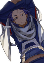 Rule 34 | 1boy, arms up, bags under eyes, bent over, boku no hero academia, crossed arms, from below, gym uniform, highres, hip bones, looking at viewer, male focus, messy hair, midriff peek, parted lips, purple eyes, purple hair, scarf, shadow, shinsou hitoshi, short hair, simple background, solo, spiked hair, strap, tonbanlove, twitter username, u.a. gym uniform, upper body, white background