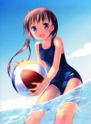 Rule 34 | 1girl, :d, absurdres, ball, beachball, blue eyes, blue sky, brown hair, cloud, day, highres, in water, one-piece swimsuit, open mouth, original, outdoors, partially underwater shot, school swimsuit, sky, smile, solo, swimsuit, takoyaki (roast), twintails, wading, water