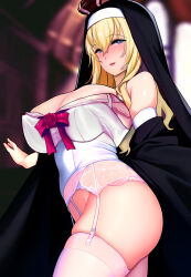 Rule 34 | 1girl, akgm (zdcw5853), blonde hair, blue eyes, church, commentary request, corset, crown, detached sleeves, garter belt, habit, highres, kantai collection, long hair, looking at viewer, mini crown, no pants, off shoulder, open mouth, red ribbon, ribbon, solo, thighhighs, warspite (kancolle), white corset, white thighhighs