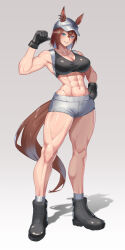 Rule 34 | 1girl, abs, absurdres, animal ears, ankle boots, ankle socks, arm up, bare shoulders, black footwear, black gloves, black sports bra, blue eyes, boots, breasts, brown hair, cleavage, collarbone, commentary request, ear piercing, ears through headwear, full body, gloves, grey background, grey shorts, hair between eyes, hand on own hip, hat, hatch (hatch24601), highres, horse ears, horse girl, horse tail, large breasts, light blush, looking at viewer, muscular, muscular female, navel, obliques, original, parted lips, piercing, shadow, short hair, short shorts, shorts, sidelocks, simple background, smile, socks, solo, sports bra, standing, stomach, tail, taut clothes, umamusume, white hat, white socks