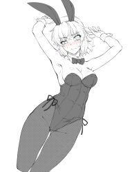 Rule 34 | 1girl, animal ears, armpits, blush, bow, bowtie, breasts, cleavage, fake animal ears, fishnet pantyhose, fishnets, greyscale, highres, leotard, medium breasts, mizuhashi parsee, monochrome, ootsuki wataru, pantyhose, partially colored, playboy bunny, pointy ears, rabbit ears, short hair, simple background, solo, sweat, touhou