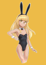 Rule 34 | 1girl, animal ears, black bow, black bowtie, black leotard, blonde hair, bow, bowtie, breasts, closed mouth, fake animal ears, glasses, highres, leotard, long hair, looking at viewer, perrine h. clostermann, playboy bunny, rabbit ears, shiri chin, simple background, small breasts, smile, solo, strike witches, world witches series, yellow background, yellow eyes