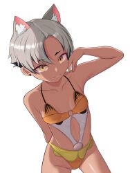 Rule 34 | 1girl, absurdres, animal ear fluff, animal ears, black nails, breasts, cat ears, collarbone, extra ears, garfield, garfield (character), grey hair, groin, highres, kara (vertigris), looking at viewer, moriforests, one-piece swimsuit, orange one-piece swimsuit, original, short hair, simple background, small breasts, solo, swimsuit, white background, yellow eyes