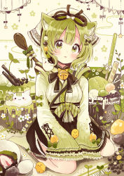 Rule 34 | 1girl, :3, absurdres, animal, animal ears, animal on shoulder, bell, bird, black bow, black ribbon, blush, bow, bowl, cat ears, cat girl, chick, clover, dango, egg, flower, food, four-leaf clover, frilled sleeves, frills, green bow, green eyes, green tea, green theme, hair bow, hair ornament, hairpin, head scarf, highres, jingle bell, looking at viewer, matcha (tea), neck ribbon, original, overflowing, parted lips, pennant, personification, ribbon, sakura oriko, sanshoku dango, short hair, sitting, skirt, sleeves past wrists, solo, spoon, sprout, string of flags, tea, wafer stick, wagashi, white bow