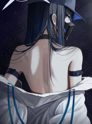 Rule 34 | 1girl, absurdres, armband, back, back focus, bare back, bare shoulders, baseball cap, black choker, black hair, black mask, blue archive, choker, coat, coat partially removed, from behind, halo, hat, hidulume, highres, looking to the side, saori (blue archive), solo, upper body, white coat