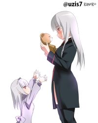 Rule 34 | 2girls, age comparison, arms up, dual persona, glasses, hair ribbon, heidimarie w. schnaufer, kaneko (novram58), long hair, multiple girls, profile, reaching, red eyes, ribbon, silver hair, simple background, smile, strike witches, stuffed animal, stuffed toy, teddy bear, thighhighs, twitter username, uniform, white background, world witches series, aged down