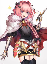 Rule 34 | 1boy, :d, armor, astolfo (fate), bad id, bad pixiv id, black bow, black ribbon, black thighhighs, bow, braid, buckle, cape, cowboy shot, cross, fang, fate/apocrypha, fate/grand order, fate (series), faulds, fur-trimmed cape, fur collar, fur trim, garter straps, gauntlets, gloves, hair between eyes, hair bow, hair intakes, hair over shoulder, hair ribbon, highres, holding, holding sword, holding weapon, legs together, long braid, long hair, looking at viewer, male focus, multicolored hair, open mouth, pink hair, purple eyes, ribbon, simple background, single braid, smile, solo, sparkle, standing, streaked hair, sword, thighhighs, trap, v-shaped eyebrows, v-shaped eyes, w, weapon, white background, white cape, white hair, yukihama