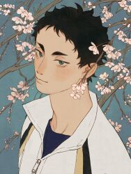 Rule 34 | 1boy, akaashi keiji, black hair, blue background, blue eyes, blue shirt, chengongzi123, cherry blossoms, closed mouth, collared jacket, commentary, english commentary, haikyuu!!, high collar, highres, jacket, looking at viewer, male focus, shirt, short hair, simple background, smile, upper body, very short hair