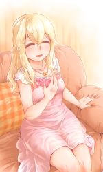 Rule 34 | 10s, absurdres, blonde hair, blush, clarice (idolmaster), couch, dress, closed eyes, hand on own chest, highres, idolmaster, idolmaster cinderella girls, jewelry, long hair, necklace, open mouth, pink dress, sitting, smile, solo, thighs, tobatoinu