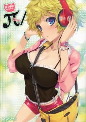 Rule 34 | 1girl, :o, absurdres, bag, beads, beats by dr. dre, between breasts, blonde hair, blue eyes, blush, breasts, cable, collarbone, cowboy shot, halterneck, handbag, hands on headphones, happoubi jin, headphones, highres, huge filesize, jacket, jewelry, large breasts, navel, necklace, over shoulder, parted lips, pearl necklace, scan, short hair, short shorts, shorts, shoulder bag, solo, spaghetti strap, standing, strap between breasts, watch, wristwatch, zipper