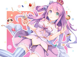 Rule 34 | 1girl, breasts, cake, candy, candy hair ornament, commentary request, dress, food, food-themed hair ornament, fork, hair between eyes, hair ornament, hair rings, heterochromia, highres, himemori luna, himemori luna (1st costume), hololive, long hair, looking at viewer, mogmog, pink hair, simple background, solo, virtual youtuber