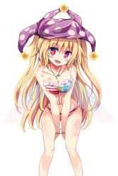 Rule 34 | 1girl, :d, adapted costume, american flag bikini, american flag print, bare shoulders, bikini, blonde hair, blush, breasts, cleavage, clownpiece, fairy wings, fangs, flag print, hat, heart, heart-shaped pupils, highres, jester cap, jewelry, layered bikini, long hair, looking at viewer, maturiuta sorato, medium breasts, navel, necklace, open mouth, pink eyes, print bikini, simple background, smile, solo, strapless, strapless bikini, swimsuit, swimsuit under swimsuit, symbol-shaped pupils, tattoo, thigh gap, touhou, very long hair, white background, wings