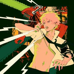 1boy absurdres black_necktie black_pants blonde_hair chainsaw chainsaw_man denji_(chainsaw_man) highres looking_to_the_side necktie open_clothes open_mouth pants pulling sharp_teeth short_hair solo sound_effects standing teeth tuzaixia