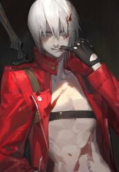 Rule 34 | 1boy, absurdres, belt bra, bishounen, blood, blood in hair, blood on face, blue eyes, coat, dante (devil may cry), devil may cry, devil may cry (series), devil may cry 3, finger in own mouth, fingerless gloves, gloves, highres, lin09, long hair, looking at viewer, male focus, pale skin, rebellion (sword), red coat, solo, sword, weapon, white hair