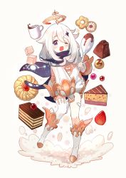 Rule 34 | 1girl, :3, asymmetrical legwear, between legs, blush, boots, caidychen, cake, cherry, cookie, cup, dress, drink, food, fruit, full body, genshin impact, hair ornament, halo, hand up, highres, holding, holding spoon, long hair, long sleeves, looking at viewer, mug, one eye closed, open mouth, oversized object, paimon (genshin impact), pastry, puffy long sleeves, puffy sleeves, purple eyes, simple background, single thighhigh, smile, solo, sparkle hair ornament, spoon, standing, standing on one leg, strawberry, sugar cube, thighhighs, uneven legwear, white background, white dress, white footwear, white hair, white thighhighs