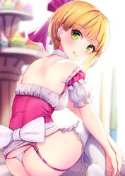 Rule 34 | 1girl, :q, apron, ass, backless outfit, bare shoulders, blonde hair, blurry, blurry background, blush, bow, closed mouth, commentary request, cupcake, depth of field, food, frilled apron, frilled thighhighs, frills, garter straps, green eyes, hair bow, head tilt, idolmaster, idolmaster cinderella girls, looking at viewer, looking back, miyamoto frederica, no pants, panties, pink shirt, puffy short sleeves, puffy sleeves, purple bow, revision, shirt, short hair, short sleeves, sitting, smile, solo, thighhighs, thong, tongue, tongue out, underwear, waist apron, white apron, white panties, white thighhighs, yan (nicknikg)