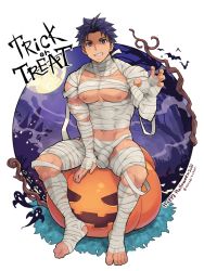 Rule 34 | 1boy, abs, bandages, bara, biceps, bulge, copyright request, erection, erection under clothes, feet, halloween, highres, large pectorals, looking at viewer, male focus, moon, mummy costume, muscular, muscular male, pectorals, pumpkin, short hair, signature, smile, solo, torakichi (ebitendon)
