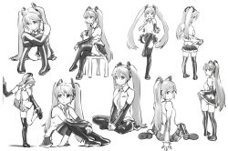 Rule 34 | 1girl, boots, bra, chair, clothes lift, detached sleeves, greyscale, hatsune miku, highres, indian style, long hair, monochrome, necktie, no pants, panties, pantyshot, sitting, skirt, skirt lift, smile, standing, striped clothes, striped panties, thigh boots, thighhighs, twintails, ueyama michirou, underwear, undressing, vocaloid, zettai ryouiki