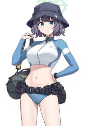 Rule 34 | 1girl, bag, belt, bikini, black belt, black hat, blue archive, blue bikini, blue eyes, blunt bangs, breasts, bucket hat, carrying over shoulder, cropped jacket, halo, hand on own hip, hand up, hat, highres, holding, holding bag, jacket, large breasts, long sleeves, looking at viewer, navel, official alternate costume, open mouth, purple hair, purple z, raglan sleeves, rash guard, saki (blue archive), saki (swimsuit) (blue archive), short hair, simple background, solo, stomach, swimsuit, utility belt, watch, white background, white jacket, wristwatch, yellow halo