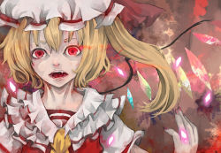 Rule 34 | 1girl, bad id, bad pixiv id, blonde hair, crazy eyes, embodiment of scarlet devil, female focus, flandre scarlet, frea, hat, mob cap, open mouth, red eyes, side ponytail, solo, touhou, upper body, white hat, wings