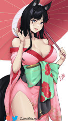 Rule 34 | 1girl, :d, animal ears, bare shoulders, black hair, blue eyes, borrowed character, breasts, cleavage, commentary, commission, cowboy shot, damobelmont, english commentary, floral print, fox ears, green sash, hands up, highres, holding, holding umbrella, large breasts, long hair, looking at viewer, obi, off shoulder, oil-paper umbrella, open mouth, original, red umbrella, sash, simple background, smile, solo, standing, thighs, twitter logo, umbrella, white background