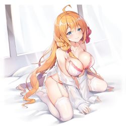 Rule 34 | 1girl, ahoge, arm support, ascot, blue eyes, bra, braid, breasts, collarbone, garter belt, gluteal fold, hair ribbon, highres, lace, lace trim, large breasts, long hair, looking at viewer, multicolored hair, on bed, open clothes, open shirt, orange hair, panties, pecorine (princess connect!), pillow, pinki o64, princess connect!, red ascot, red ribbon, ribbon, see-through, see-through shirt, side braid, sitting, smile, solo, streaked hair, thighhighs, underwear, wariza, white bra, white panties, white thighhighs, window