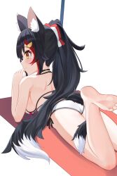 Rule 34 | 1girl, absurdres, animal ear fluff, animal ears, barefoot, bikini, black choker, black hair, blush, braid, choker, commentary request, feet, foot out of frame, foot up, hair between eyes, highres, hololive, long hair, lying, multicolored hair, oksuri, on stomach, ookami mio, ookami mio (hololive summer 2019), ponytail, red hair, sidelocks, single braid, soles, solo, streaked hair, swimsuit, tail, toes, virtual youtuber, white bikini, wolf ears, wolf girl, wolf tail, yellow eyes