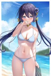Rule 34 | 1girl, bare arms, bare shoulders, beach, bikini, black choker, black hair, blue bikini, blue eyes, breasts, choker, cleavage, covering own mouth, cowboy shot, day, flower, flower knight girl, gluteal fold, hair flower, hair ornament, highres, kuroyuri (flower knight girl), long hair, looking at viewer, medium breasts, navel, neco meito, outdoors, solo, standing, stomach, string bikini, swimsuit, thighs, twintails, v-shaped eyebrows