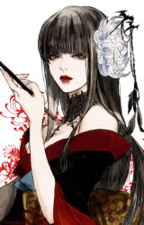 Rule 34 | 1girl, bare shoulders, black collar, black hair, black kimono, blunt bangs, collar, commentary request, epiphyllum, expressionless, final fantasy, final fantasy xiv, flower, grey eyes, hair flower, hair ornament, hair stick, hand up, holding, holding smoking pipe, hyur, japanese clothes, kimono, kiseru, lace collar, long hair, looking at viewer, mole, mole under mouth, obi, obiage, obijime, off shoulder, oyatsuredgray, parted lips, red lips, red trim, sash, signature, simple background, smoking pipe, solo, spider lily, straight hair, upper body, white background, white flower, yotsuyu goe brutus