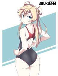 Rule 34 | 1girl, :o, abukuma (kancolle), ass, back, blonde hair, blue eyes, character name, double bun, from behind, hair bun, hair rings, kantai collection, long hair, one-piece swimsuit, open mouth, shigino sohuzi, simple background, solo, swimsuit, twintails, white background