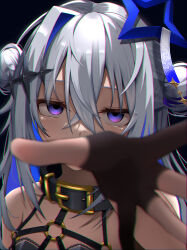 Rule 34 | 1girl, absurdres, amane kanata, amane kanata (another world), bare shoulders, belt collar, black background, black collar, black gloves, black shirt, blue hair, blue halo, collar, crossed bangs, double bun, empty eyes, foreshortening, gloves, grabbing, grey hair, hair between eyes, hair bun, hair ornament, halo, harness, highres, hololive, long hair, looking at viewer, micon, multicolored hair, o-ring, o-ring harness, o-ring top, official alternate costume, outstretched hand, partially fingerless gloves, portrait, reaching, reaching towards viewer, shirt, simple background, solo, star halo, virtual youtuber