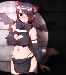 Rule 34 | 1girl, adapted costume, animal ears, apron, arm at side, australian devil (kemono friends), bad id, bad pixiv id, bare shoulders, black hair, black thighhighs, blush, bow, bowtie, breasts, brown eyes, brown hair, cleavage, cleavage cutout, closed mouth, clothing cutout, cowboy shot, crop top, detached sleeves, empty eyes, extra ears, eyepatch, frilled apron, frills, furrowed brow, gloves, hair over one eye, hand up, heart cutout, highleg, highleg panties, highres, impossible clothes, kemono friends, light brown hair, long hair, looking at viewer, medical eyepatch, midriff, multicolored hair, navel, no pants, nose blush, panties, parted bangs, shiny skin, sleeveless, smile, solo, stomach, tail, tasmanian devil ears, tasmanian devil tail, thighhighs, totokichi, underwear, waist apron