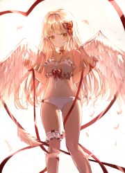 Rule 34 | 1girl, angel, angel wings, backlighting, bare arms, bare shoulders, blonde hair, bow, bra, bridal garter, choker, commentary, feathered wings, frilled bra, frills, hair bow, hands up, highres, long hair, looking at viewer, navel, orange eyes, original, panties, red choker, red ribbon, ribbon, seero, simple background, solo, spaghetti strap, stomach, thighs, underwear, underwear only, white background, white bra, white panties, wings