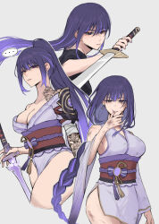 Rule 34 | ..., 1girl, arm tattoo, bandaged arm, bandages, braid, breasts, bruise, cleavage, collarbone, expressionless, fingernails, floccioes, genshin impact, hair between eyes, highres, holding, holding sword, holding weapon, injury, large breasts, long hair, long sleeves, looking ahead, looking at viewer, mole, mole under eye, multiple views, nail polish, neck tattoo, parted lips, ponytail, purple eyes, purple hair, purple nails, raiden shogun, serious, shaded face, shoulder tattoo, simple background, sword, tattoo, thighs, weapon