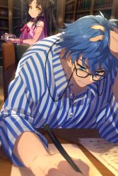 Rule 34 | 1boy, 1girl, aged up, babydoll, bare shoulders, black hair, blue eyes, blue hair, blue shirt, breasts, chest tattoo, double bun, dress swimsuit, echo (circa), eyewear strap, facial mark, fate/grand order, fate (series), forehead mark, glasses, hair bun, hans christian andersen (adult) (fate), hans christian andersen (fate), long hair, long sleeves, multicolored hair, one-piece swimsuit, paper, parted bangs, pen, pink babydoll, pink hair, pink one-piece swimsuit, sessyoin kiara, sessyoin kiara (lily), shirt, short hair, small breasts, smile, streaked hair, striped clothes, striped shirt, swimsuit, tattoo, very long hair, wavy hair, yellow eyes