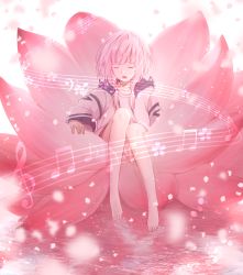 Rule 34 | 1girl, absurdres, barefoot, beamed eighth notes, braid, cherry blossoms, closed eyes, collarbone, commentary, eighth note, flower, full body, haru (re ilust), highres, hood, hood down, kaf (kamitsubaki studio), kamitsubaki studio, long hair, long sleeves, lotus, lotus pedestal, low twin braids, music, musical note, open mouth, oversized flower, petals, pink hair, quarter rest, singing, sitting, solo, staff (music), treble clef, twin braids, virtual youtuber, water