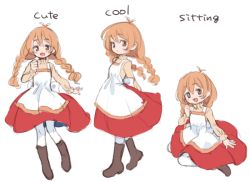 Rule 34 | 100 percent orange juice, 1girl, apron, back bow, boots, bow, braid, breasts, brown footwear, brown shirt, english text, flying red barrel, full body, happy, long hair, long sleeves, looking at viewer, marc (orange juice), multiple views, oita, open mouth, orange eyes, orange hair, pantyhose, red skirt, shirt, simple background, sitting, skirt, small breasts, twin braids, unfinished, waist apron, waist bow, wariza, white apron, white background, white bow, white pantyhose