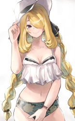 Rule 34 | 1girl, bare arms, bare shoulders, black eyes, blonde hair, braid, breasts, camouflage, camouflage shorts, collarbone, cowboy shot, creatures (company), crop top, cynthia (pokemon), e-co, game freak, hair over one eye, hand up, hat, long hair, looking at viewer, low twintails, medium breasts, micro shorts, midriff, navel, nintendo, pokemon, pokemon dppt, shirt, shorts, simple background, skindentation, sleeveless, sleeveless shirt, smile, solo, stomach, sun hat, thighs, twin braids, twintails, very long hair, watch, white background, white hat, white shirt, wristwatch