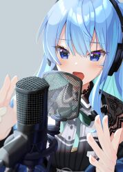 Rule 34 | 1girl, blue eyes, blue hair, blush, colored inner hair, commentary, english commentary, fingernails, green ribbon, highres, hololive, hoshimachi suisei, hoshimachi suisei (streetwear), lace sleeves, microphone, multicolored hair, music, neck ribbon, official alternate costume, official alternate hair length, official alternate hairstyle, open mouth, ribbon, shirt, singing, sleeveless, sleeveless shirt, star (symbol), star in eye, streaked hair, studio microphone, symbol in eye, tarunyan, two-tone hair, upper body, virtual youtuber