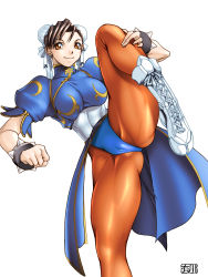 Rule 34 | 1990s (style), 1girl, boots, breasts, brown hair, bun cover, cameltoe, capcom, china dress, chinese clothes, chun-li, crotch, double bun, dress, highres, huge breasts, knees, leg lift, long hair, muscular, muscular female, panties, pantyhose, pantyshot, pelvic curtain, qkat (arikawa-dou), red eyes, retro artstyle, sash, short hair, skin tight, solo, spread legs, street fighter, street fighter ii (series), street fighter iii (series), thick thighs, thighs, underwear